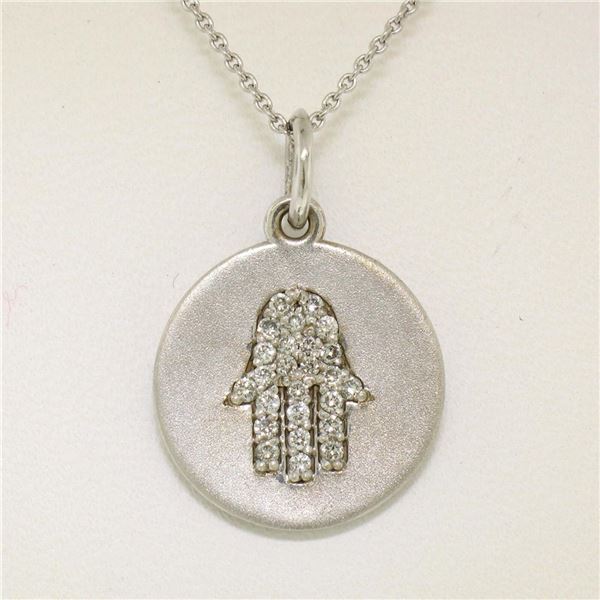 14K White Gold 0.18 ctw Diamond Hand of Fatima Hamsa Hand Disk Pendant w/16" Cha