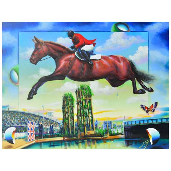 Ferjo, "Horse Jumping" Original Painting on Canvas, Hand Signed with Letter of A