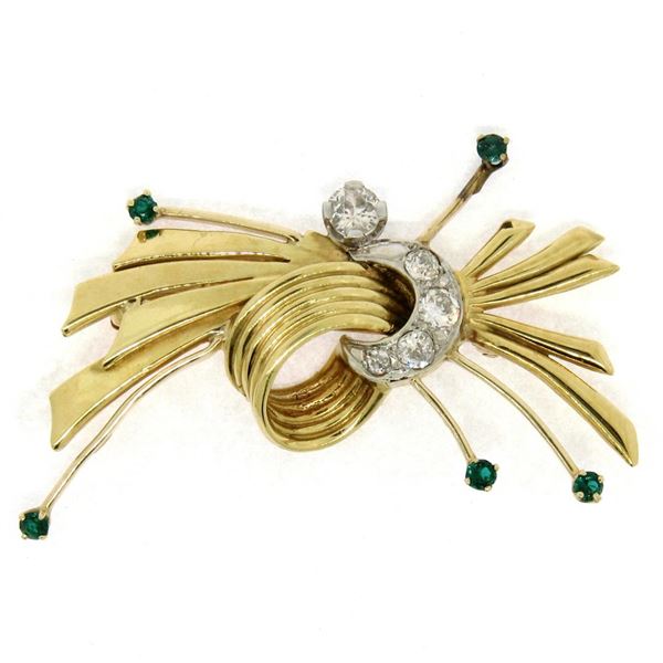 Vintage 18k TT Gold 0.73 ctw Old Cut Round Diamond Emerald Knot Bundle Brooch Pi