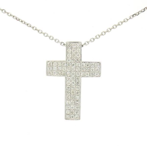 14K White Gold 0.51 ctw Micro Pave Diamond Cross Pendant w/ 18" Cable Link Chain