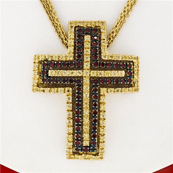 18K Gold 2.04 ctw Fine Yellow Sapphire & Garnet  Slide Cross Pendant & Chain