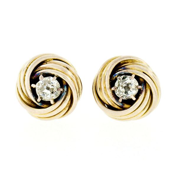 Victorian 14kt Yellow Gold 0.36 ctw Old Mine Cut Diamond Love Knot Stud Earrings