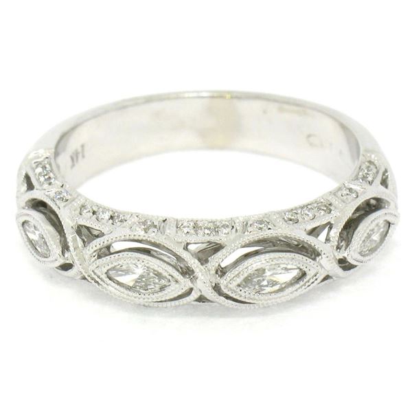 Unique 14K White Gold 0.69 ctw Bezel Marquise Round Diamond Wedding Band Ring