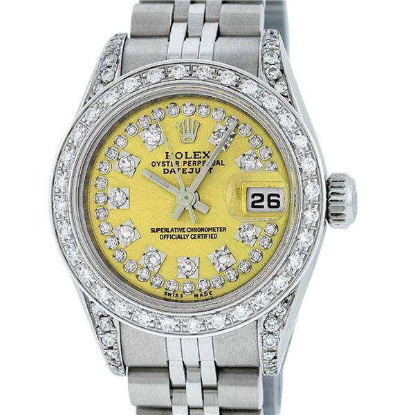 Rolex Ladies Stainless Steel Quickset Yellow Diamond Lugs Jubilee Datejust Wrist