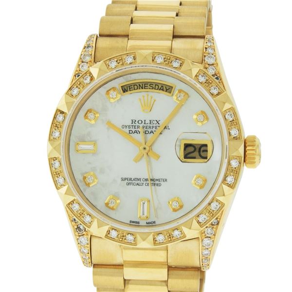 Rolex Mens 18K Yellow MOP Diamond Lugs President Wristwatch With Rolex Box & App