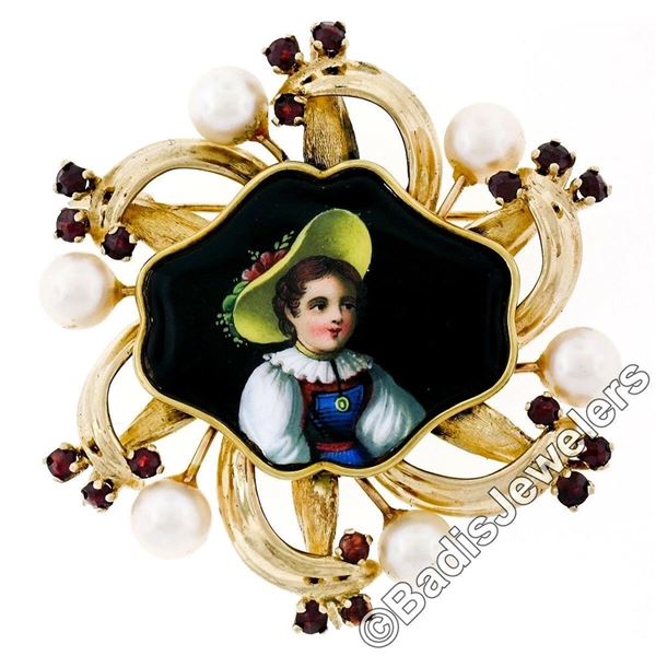 Vintage 14kt Gold Hand Painted Portrait, Garnet, & Pearl Open Frame Brooch