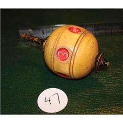 Three Tops, Wooden intricate number top, 
race horse top and rolling log red transparent.