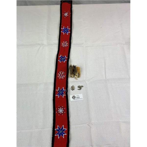 2 Pewter Indigenous Pendants, Beaded Sash, As Is, And Miniature Moccasins