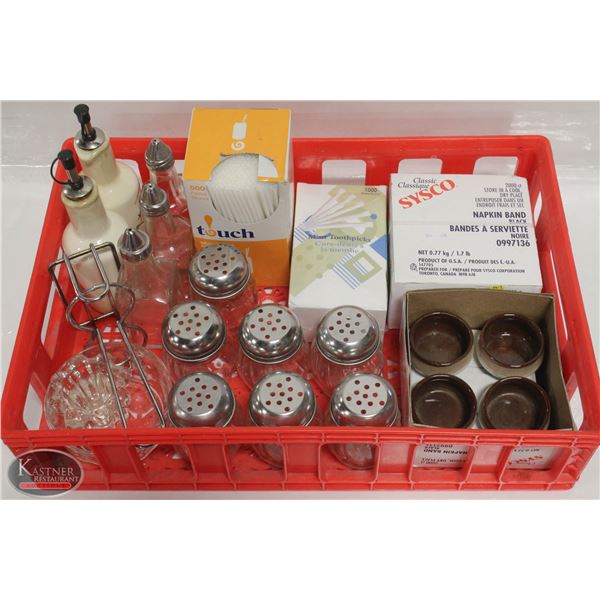 TRAY OF ASSORTED SHAKERS, CONDIMENT CONTAINER,