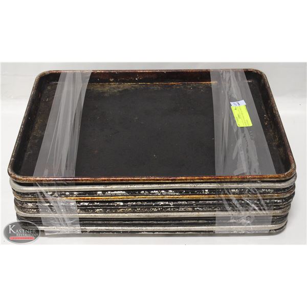 STACK OF 10 HALF-SIZE ALUMINUM BUN PANS