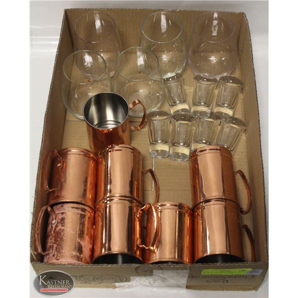 FLAT W/ COPPER EXTERIOR MUGS, BRANDY GLASS, & SHOT