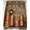 Image 1 : FLAT W/ COPPER EXTERIOR MUGS, BRANDY GLASS, & SHOT