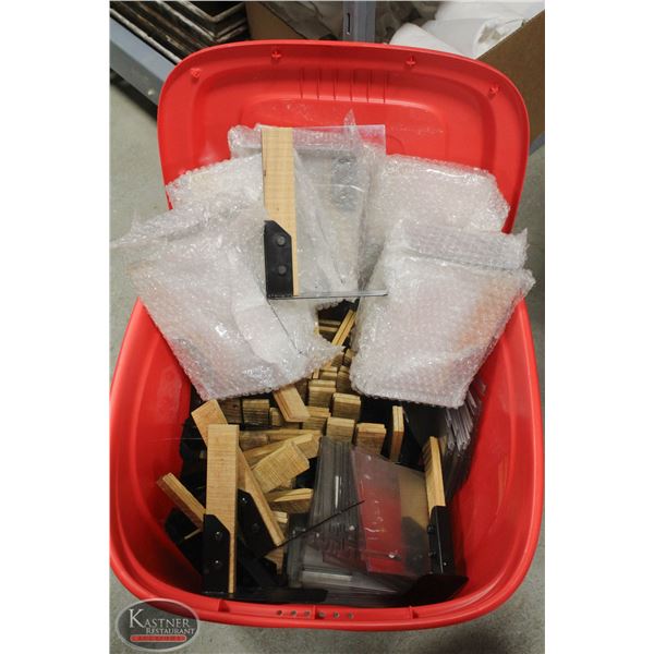 RED TOTE FULL OF 6" X 8" TABLETOP PROMO STANDS