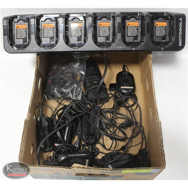 6 MOTOROLA WIRELESS HEADSETS W/ CHARGING DOCK