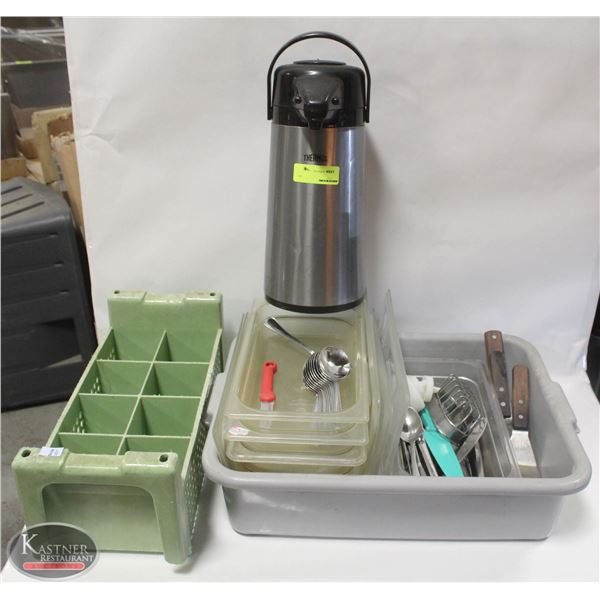BUS BIN  W/ POLYCARB INSERTS, FLIPPERS, THERMOS
