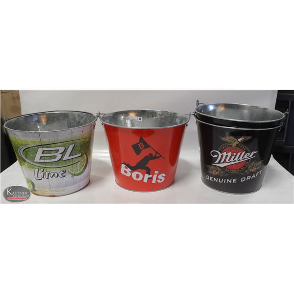 STACK OF 4 ASSORTED ICE PAILS W/ BAR / BEER DECAL