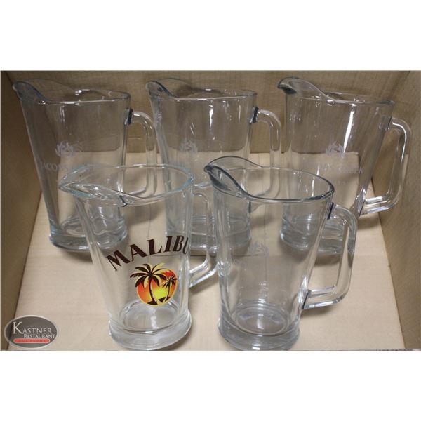 FLAT W/ 5 LARGE BRANDED GLASS PITCHERS