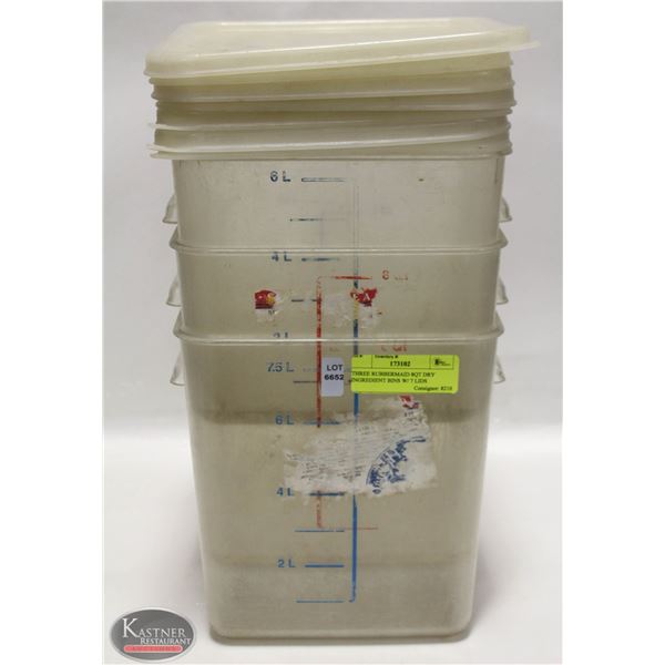 THREE RUBBERMAID 8QT DRY INGREDIENT BINS W/ 7 LIDS