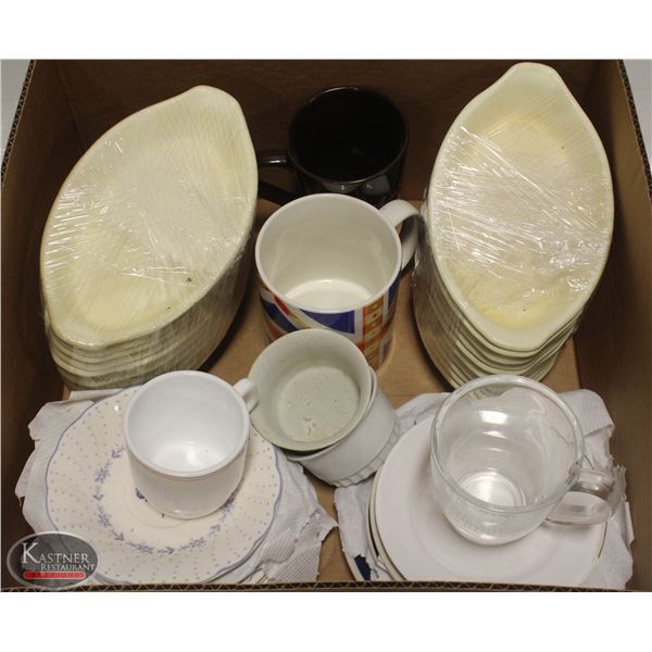 FLAT W/ VARIOUS SAUCERS & POLY OVAL BOWLS