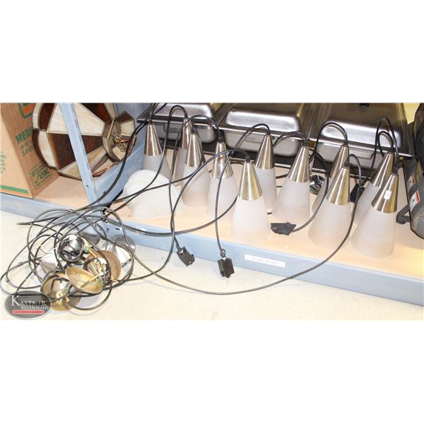 GROUP OF 10 CHROME STEEL PENDANT LIGHT FIXTURES &