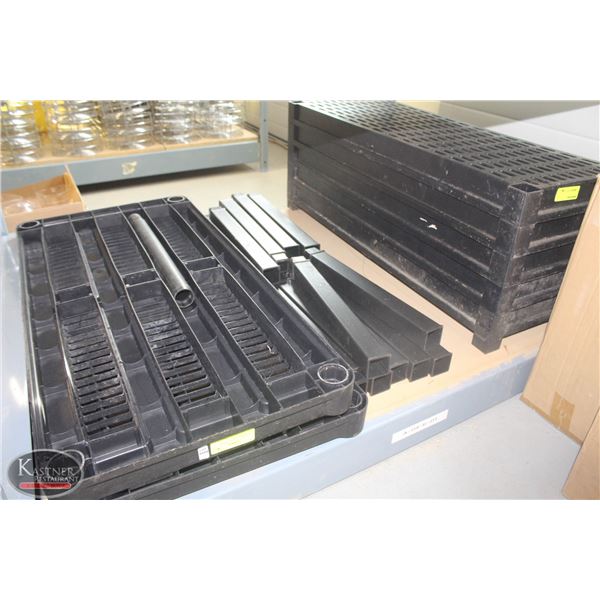 LOT OF BLACK POLY STORAGE SHELVING W/ POLES
