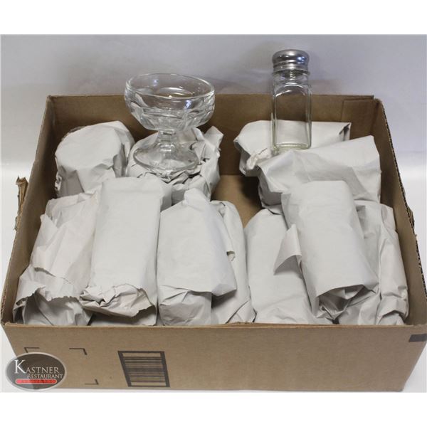 FLAT W/ SALT & PEPPER GLASS SHAKERS, & DESSERT