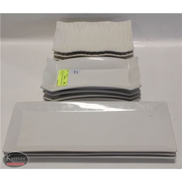 12 RECTANGULAR WHITE PLATES 6" X 14" & 9" X 5"