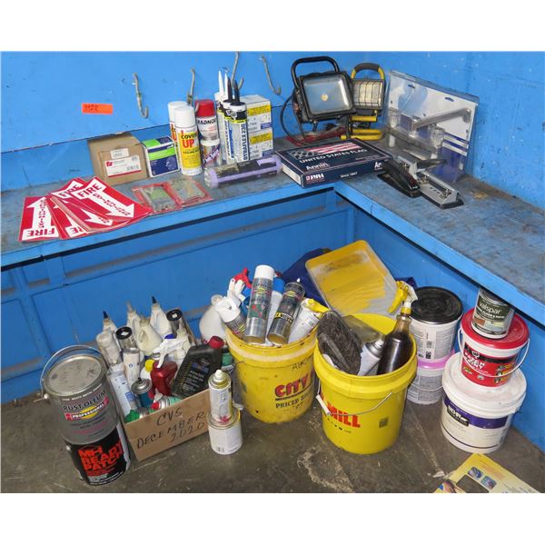 Contents of Shelf: Fire Extinguisher Signs, Power Plug, Paint, Flag, Lights, Spackling, etc