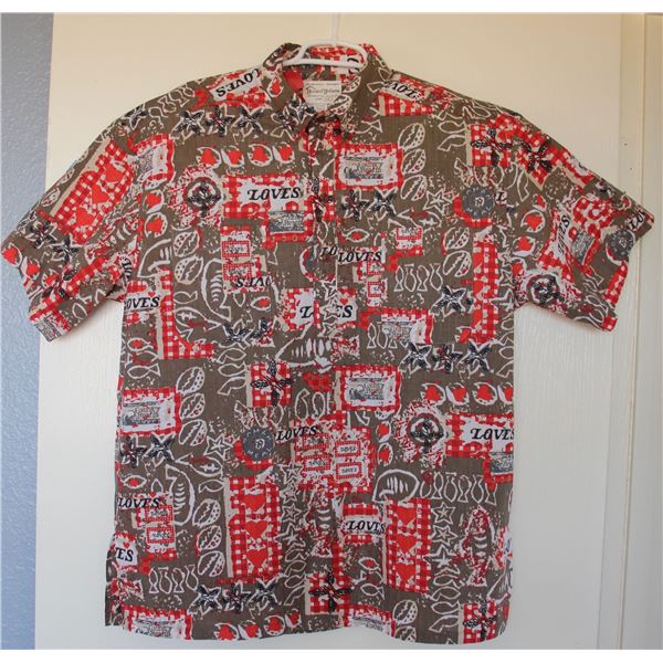 New Love's Logo Theme Brown/Red Aloha Shirt, Size XL