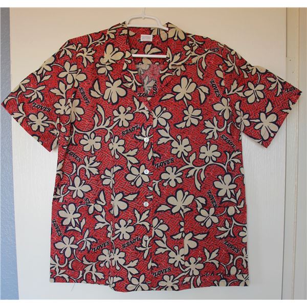 New Love's Logo Red Floral Print Aloha Shirt, Size L