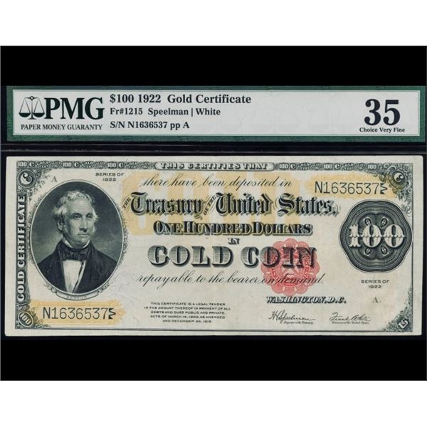 1922 $100 Gold Certificate PMG 35