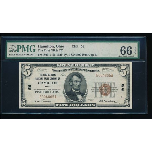 1929 $5 Hamilton National Bank Note PMG 66EPQ