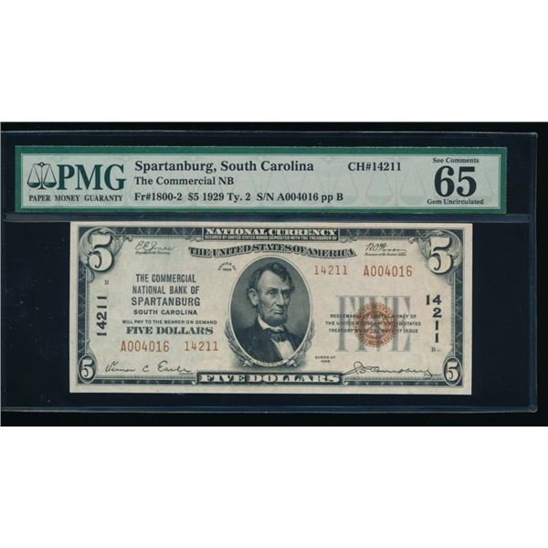 1929 $5 Spartanburg National Bank Note PMG 65EPQ