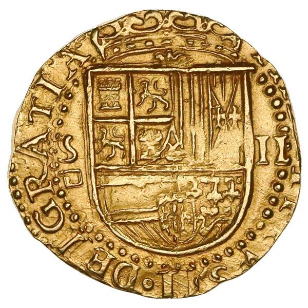 Seville, Spain, cob 2 escudos, Philip II, assayer Gothic D below mintmark to S to left, NGC MS 63.