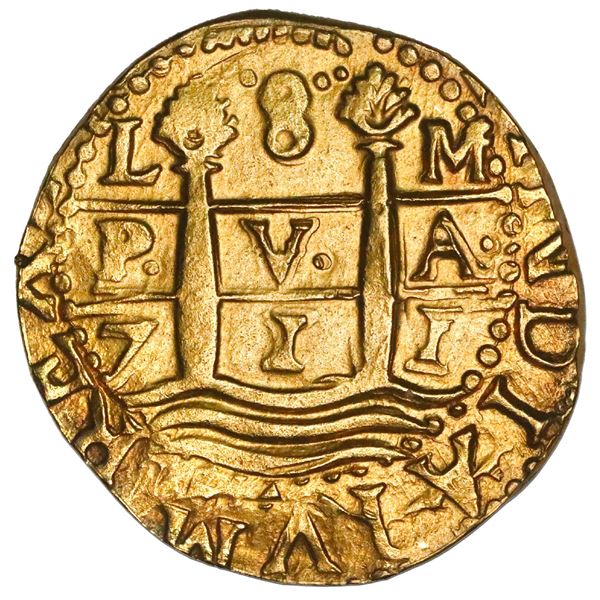 Lima, Peru, cob 8 escudos, 1711M, NGC UNC details / edge filing, ex-1715 Fleet (designated on specia