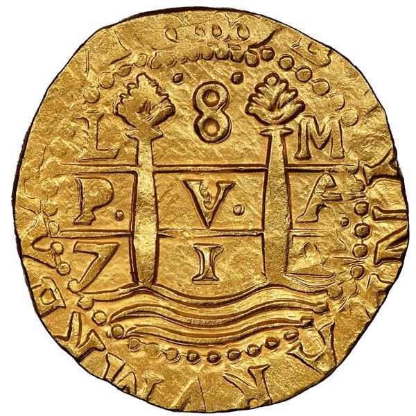 Lima, Peru, cob 8 escudos, 1712M, NGC MS 64, ex-1715 Fleet (designated on special label).