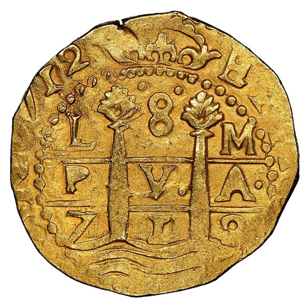 Lima, Peru, cob 8 escudos, 1712M, NGC MS 62, ex-1715 Fleet (designated on special label), ex-Ullian.