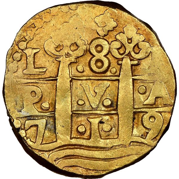 Lima, Peru, cob 8 escudos, 1719M, rare.