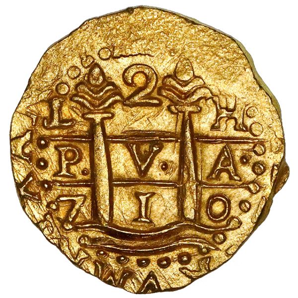 Lima, Peru, cob 2 escudos, 1710H, NGC MS 66, finest known in NGC census, ex-1715 Fleet (designated o