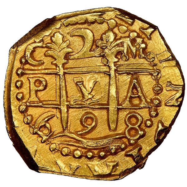 Cuzco, Peru, cob 2 escudos, 1698M, NGC MS 63, ex-1715 Fleet (designated on special label).