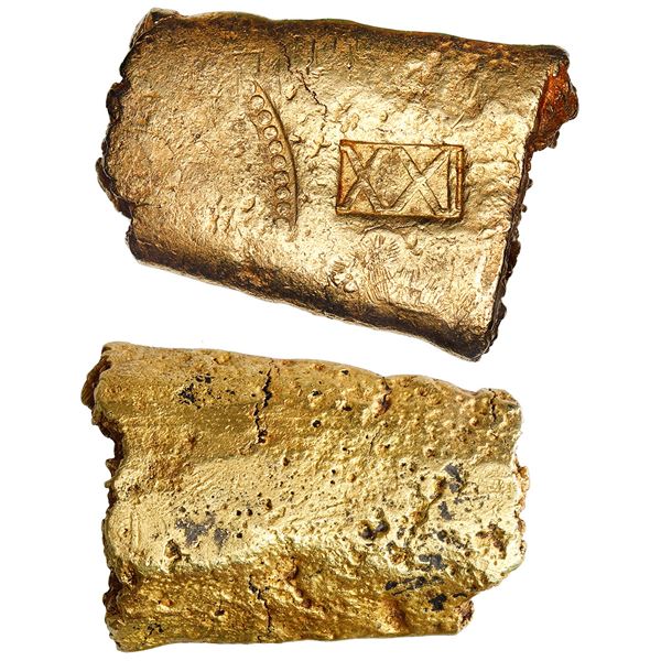 Colombian gold bar segment, 142.38 grams, with markings of fineness XXI (21K) and tax stamp, ex-Atoc