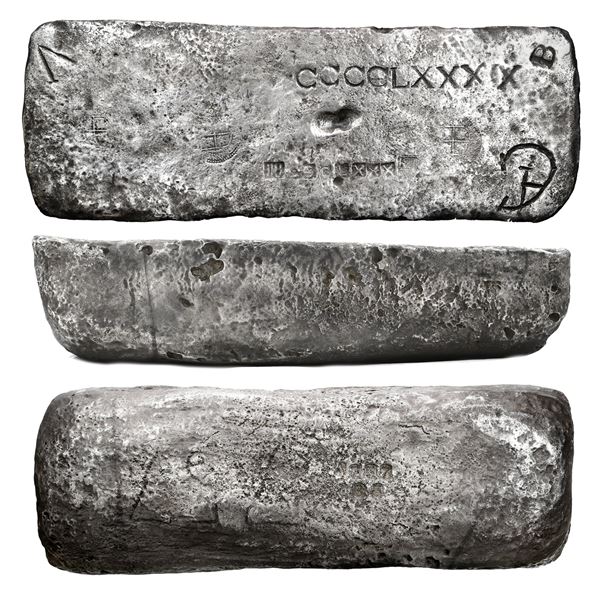 Large silver bar #757 from Potosi, 86 lb 11.2 oz troy, Class Factor 0.8, marked with fineness IIUCCC