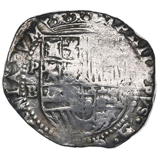 Potosi, Bolivia, cob 8 reales, Philip II, assayer B (4th period), Grade 1.