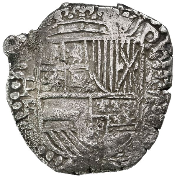 Potosi, Bolivia, cob 8 reales, Philip III, assayer R (curved leg), Grade 2.