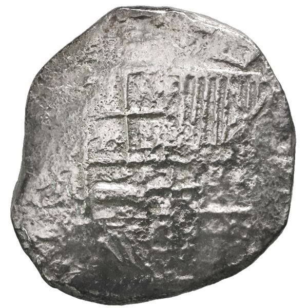 Potosi, Bolivia, cob 8 reales, Philip III, assayer R (curved leg), Grade 3.