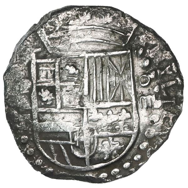 Potosi, Bolivia, cob 8 reales, Philip III, assayer T, quadrants of cross transposed, Grade 1 (no Gra