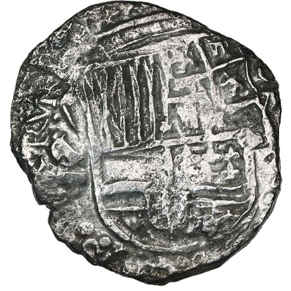 Potosi, Bolivia, cob 8 reales, Philip III, assayer T, upper half of shield and quadrants of cross tr