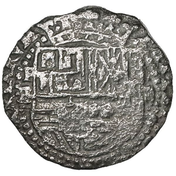 Potosi, Bolivia, cob 2 reales, Philip II, assayer B (5th period), border of x's on reverse, Grade 2.