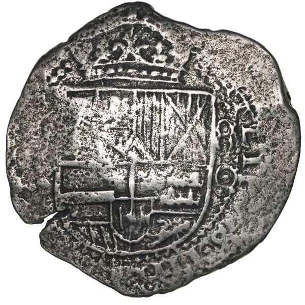 Potosi, Bolivia, cob 8 reales, Philip IV, assayer O (1649-51), with crowned-L countermark on cross.