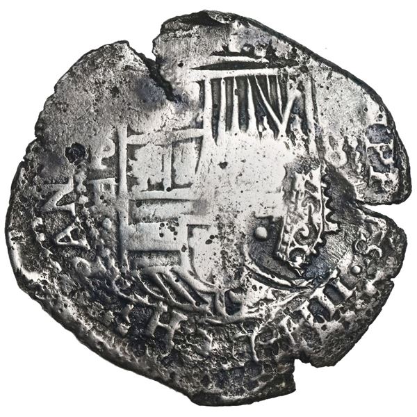Potosi, Bolivia, cob 8 reales, Philip IV, assayer E (1651-2), with two countermarks (very rare): cro